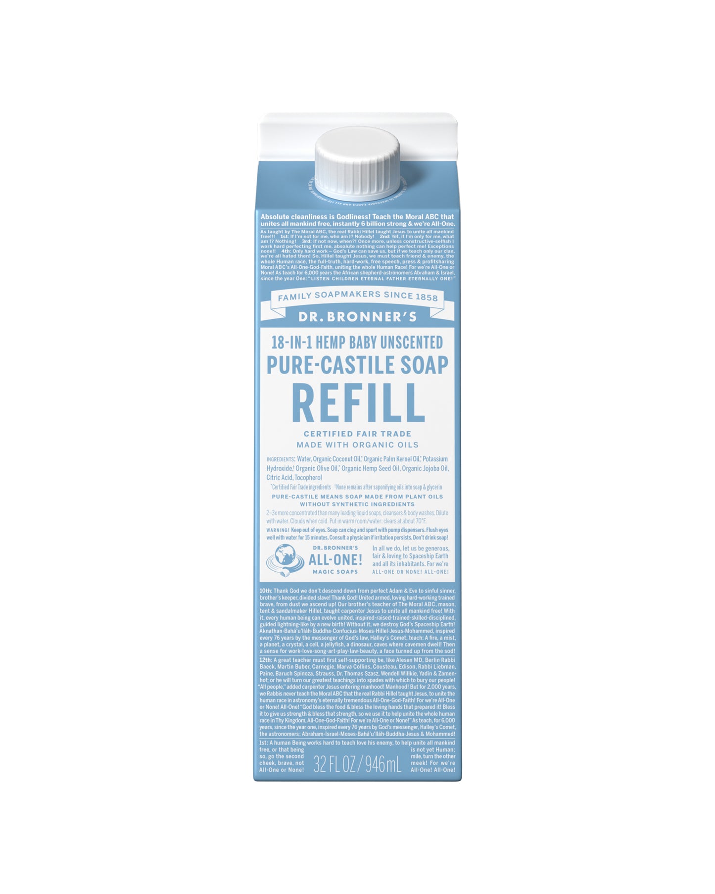 The front of Dr. Bronner's Unscented Pure-Castile Liquid Soap Refill Carton