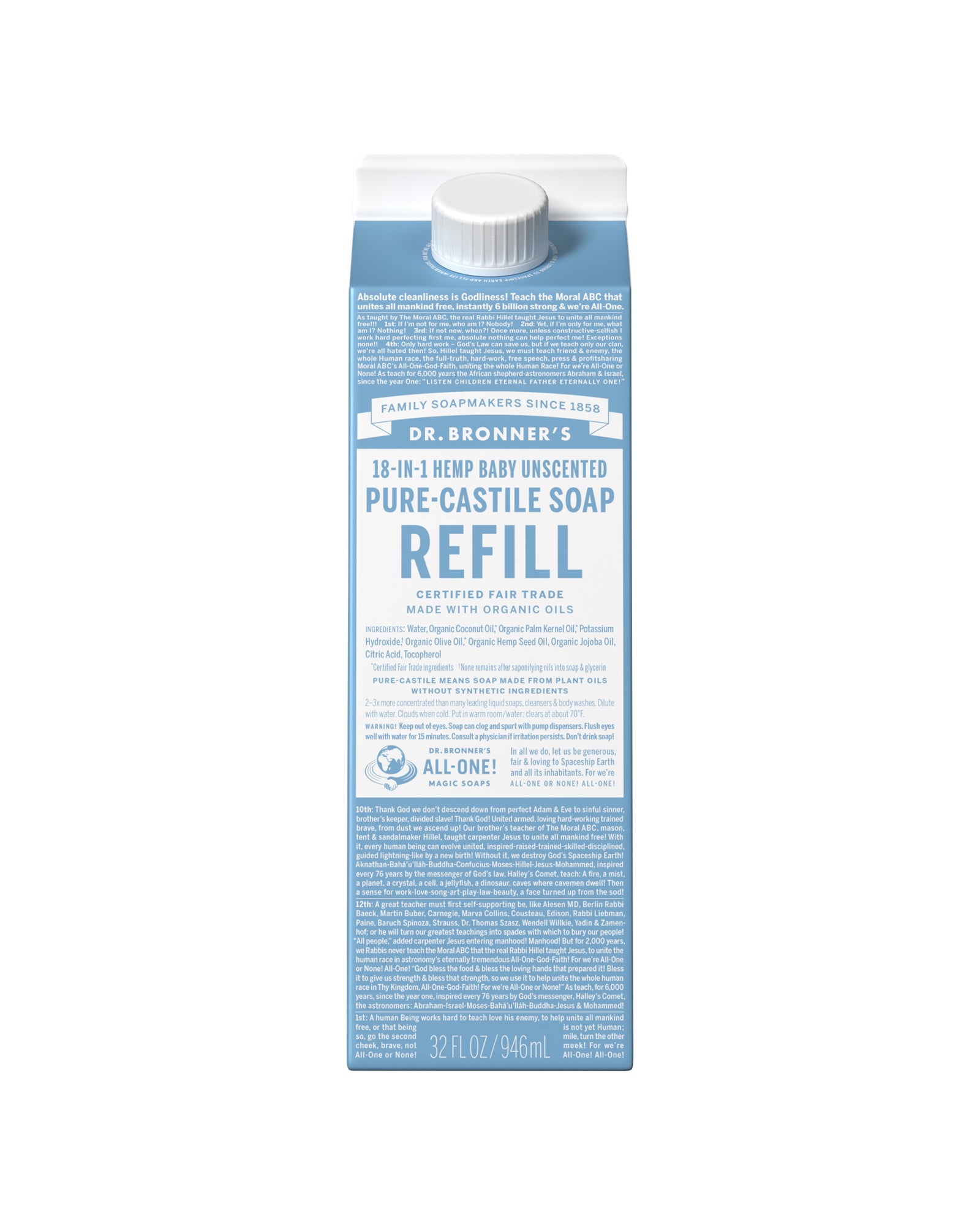 The front of Dr. Bronner's Unscented Pure-Castile Liquid Soap Refill Carton