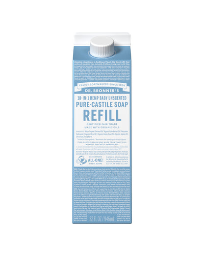 The front of Dr. Bronner's Unscented Pure-Castile Liquid Soap Refill Carton