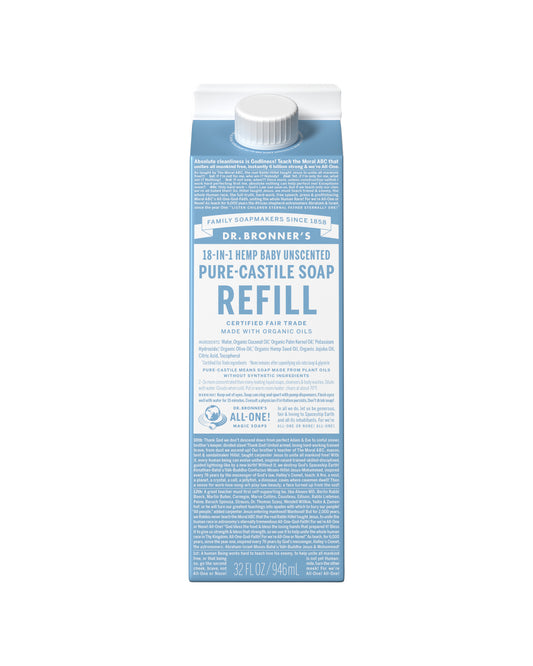 The front of Dr. Bronner's Unscented Pure-Castile Liquid Soap Refill Carton