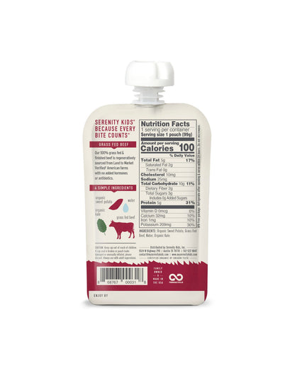 The back of Serenity Kids Grass Fed Beef with Organic Kale & Sweet Potato Baby Food - Box of 6