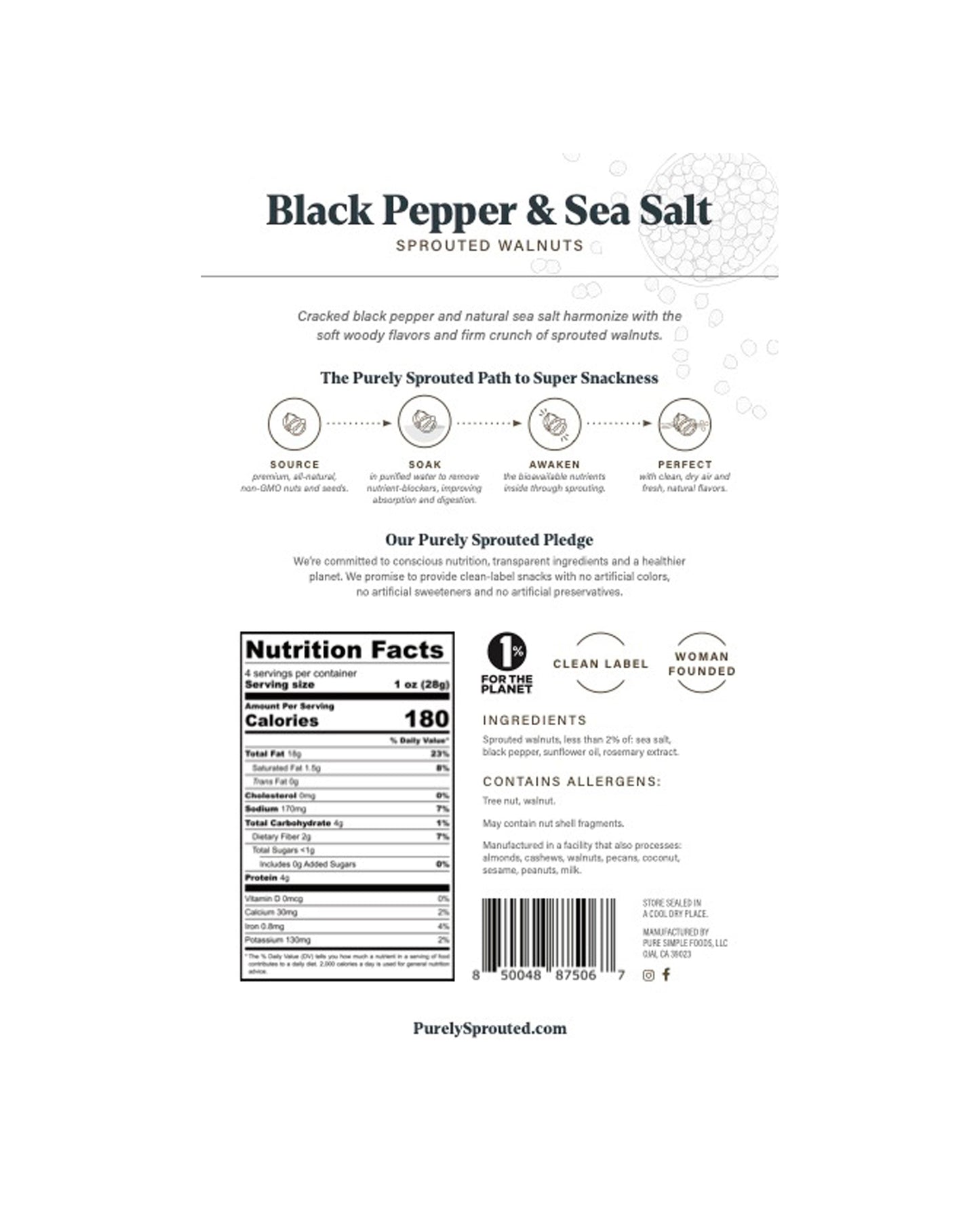 The front of Purely Sprouted Black Pepper & Sea Salt Sprouted Walnuts