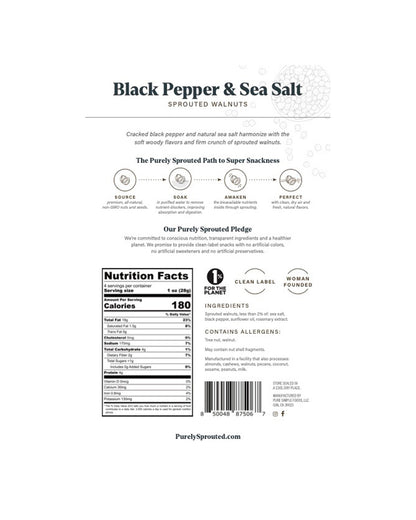 The front of Purely Sprouted Black Pepper & Sea Salt Sprouted Walnuts
