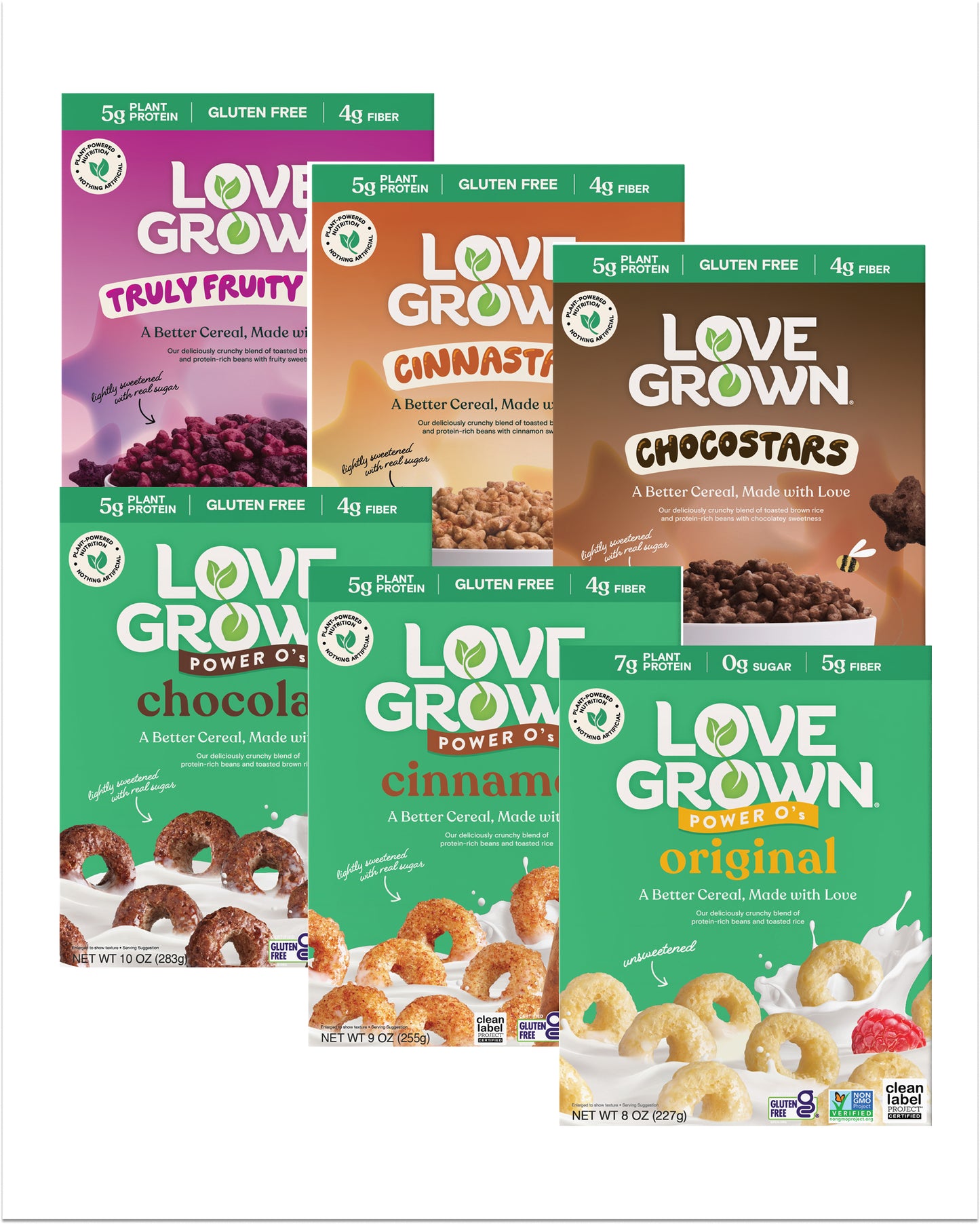 Assorted boxes of Love Grown cereal with different flavors on a white background