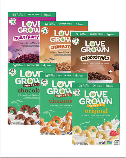 Assorted boxes of Love Grown cereal with different flavors on a white background