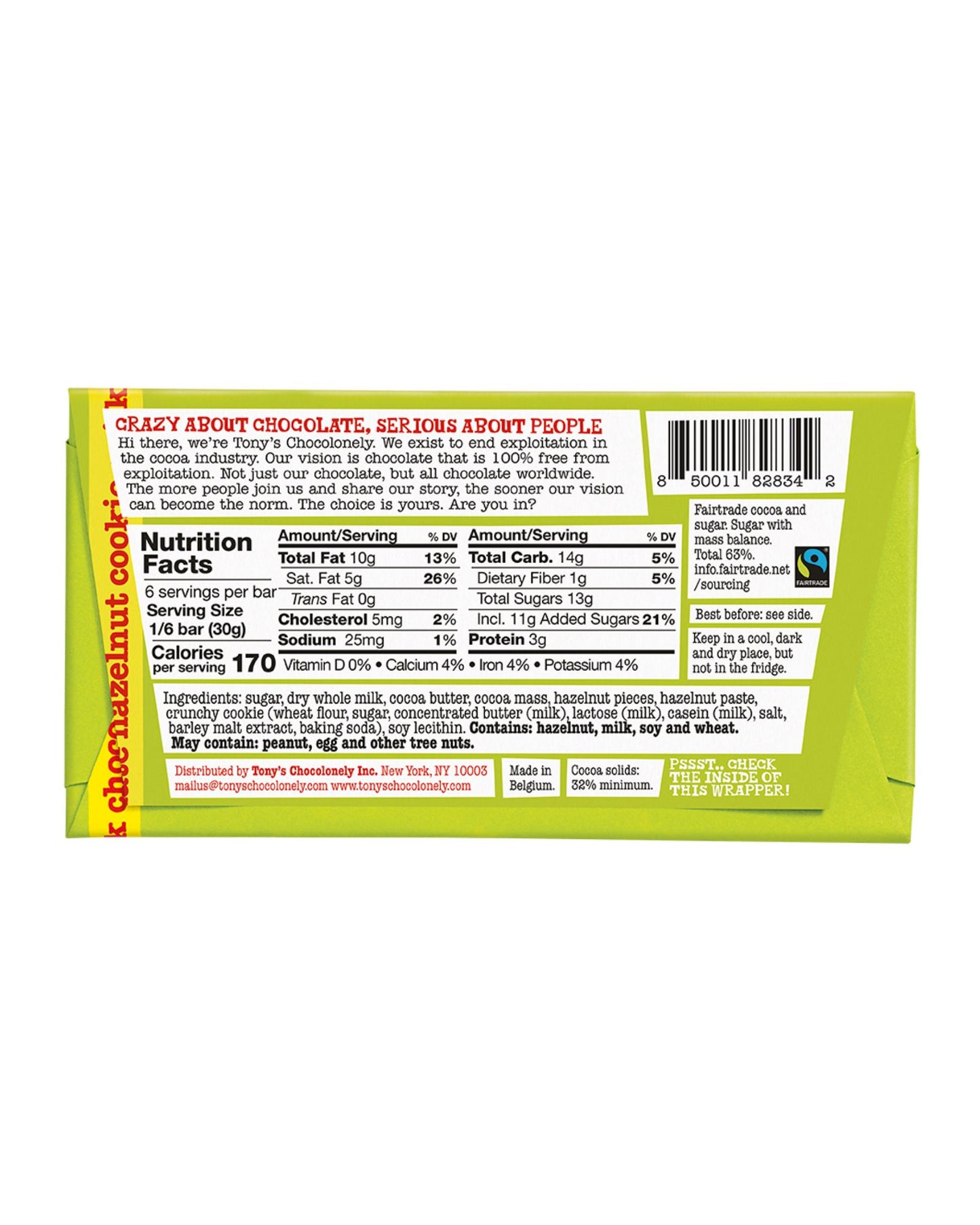 The back of Tony's Chocolonely Milk Chocolate Cookie Hazelnut Bar