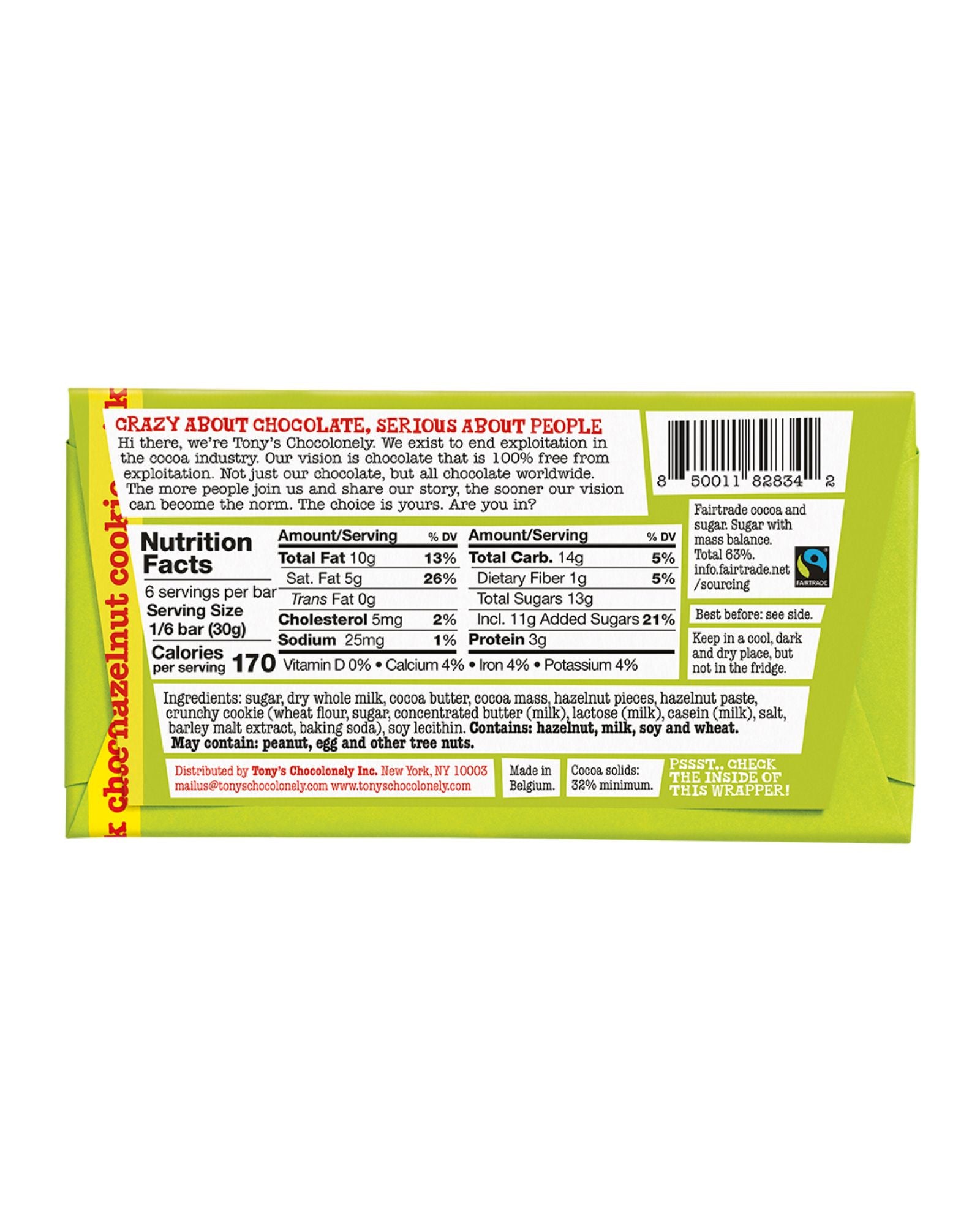 The back of Tony's Chocolonely Milk Chocolate Cookie Hazelnut Bar