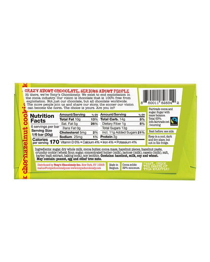 The back of Tony's Chocolonely Milk Chocolate Cookie Hazelnut Bar