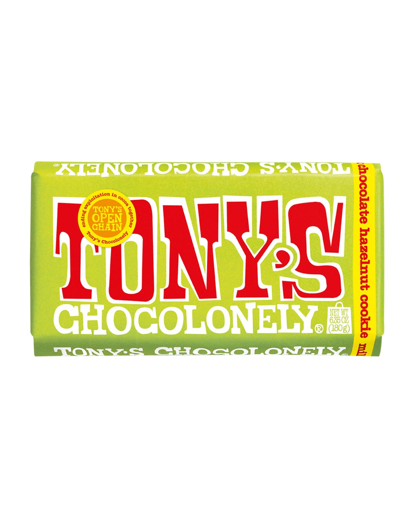 The front of Tony's Chocolonely Milk Chocolate Cookie Hazelnut Bar