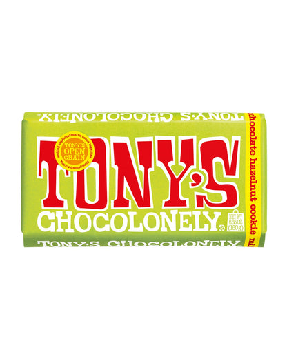 The front of Tony's Chocolonely Milk Chocolate Cookie Hazelnut Bar