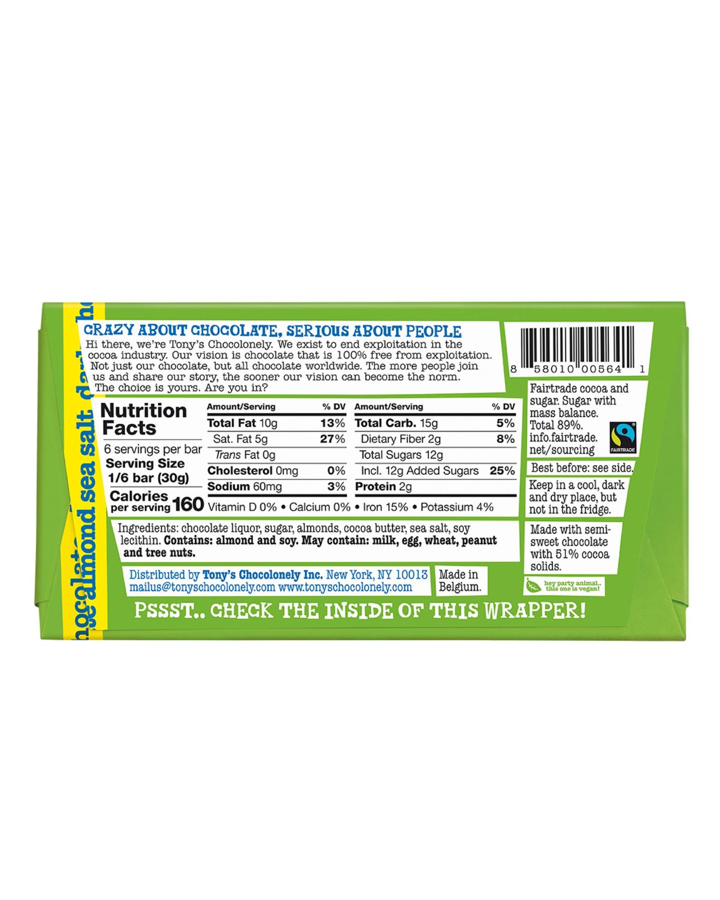 The back of Tony's Chocolonely Dark Almond Sea Salt Chocolate