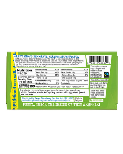 The back of Tony's Chocolonely Dark Almond Sea Salt Chocolate