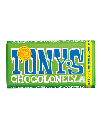 The front of Tony's Chocolonely Dark Almond Sea Salt Chocolate
