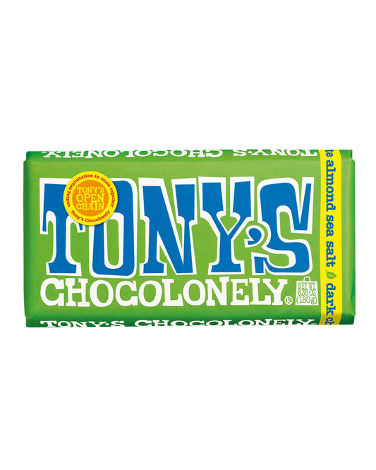 The front of Tony's Chocolonely Dark Almond Sea Salt Chocolate