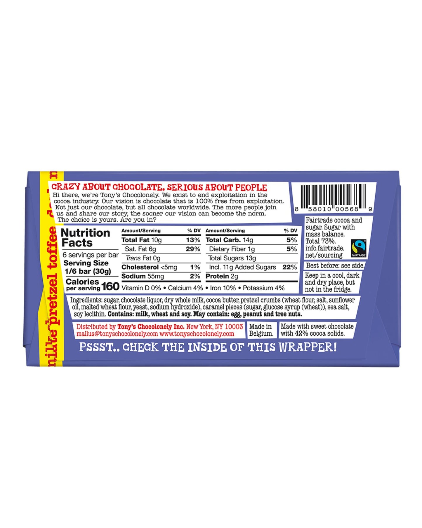 The back of Tony's Chocolonely Dark Milk Pretzel Toffee Chocolate