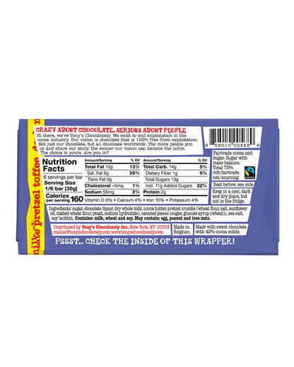 The back of Tony's Chocolonely Dark Milk Pretzel Toffee Chocolate
