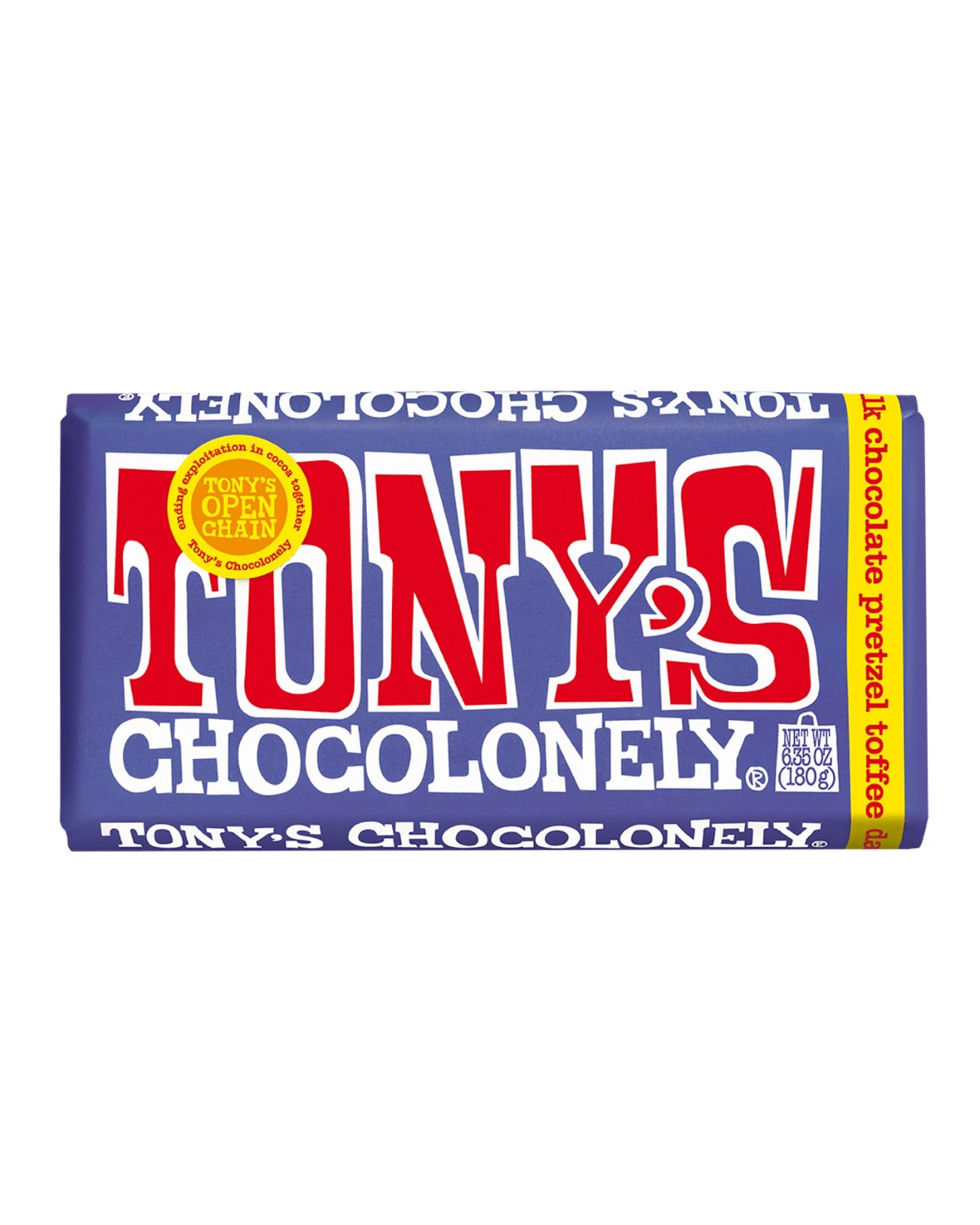 The front of Tony's Chocolonely Dark Milk Pretzel Toffee Chocolate