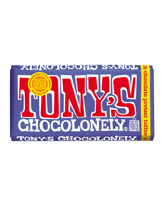 The front of Tony's Chocolonely Dark Milk Pretzel Toffee Chocolate