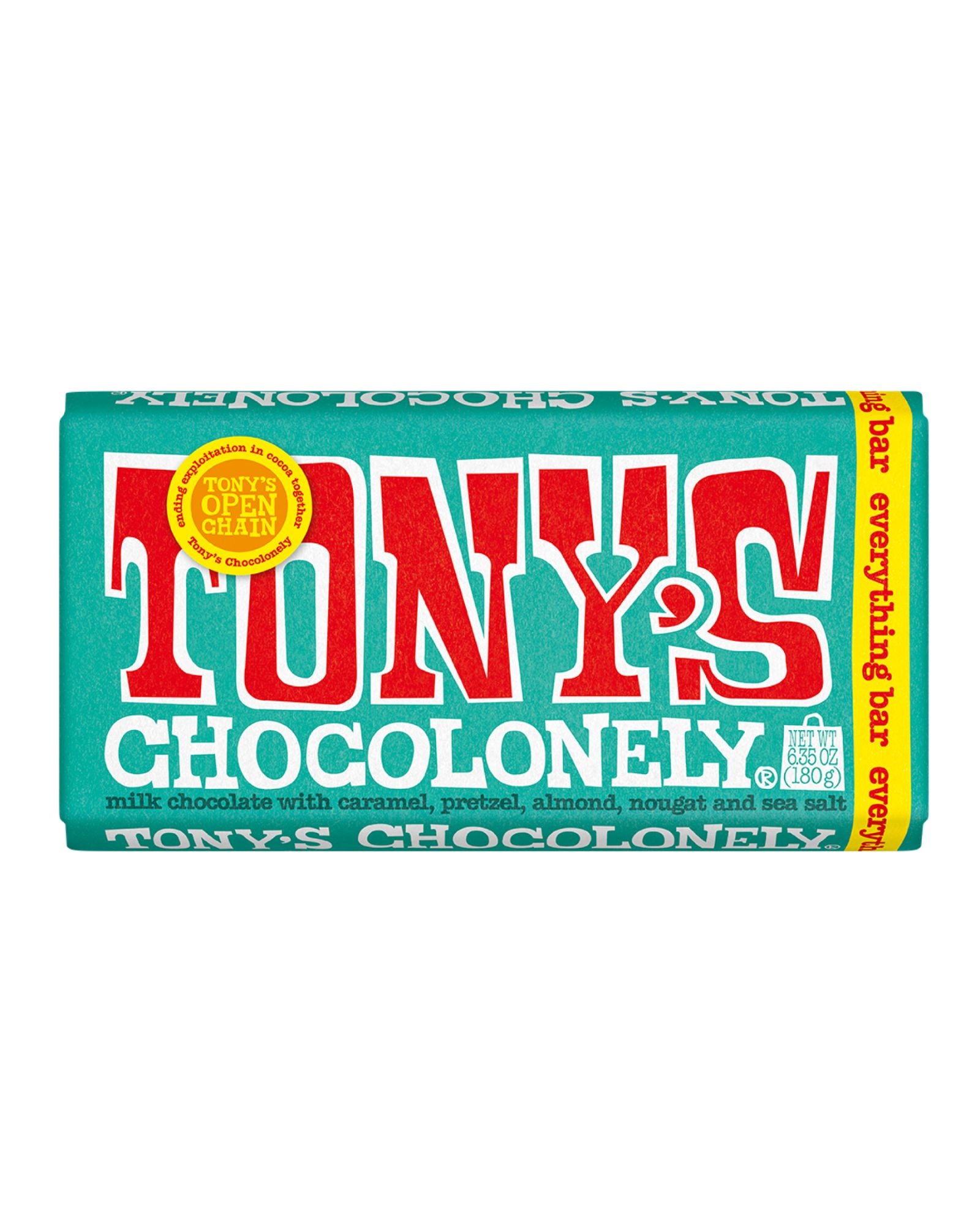 The front of Tony's Chocolonely Caramel, Almond, Nougat, Pretzel & Sea Salt Milk Chocolate Everything Bar