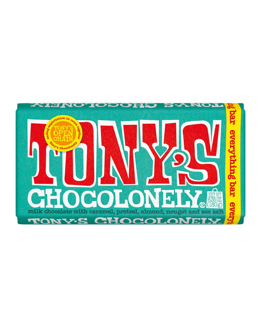 The front of Tony's Chocolonely Caramel, Almond, Nougat, Pretzel & Sea Salt Milk Chocolate Everything Bar