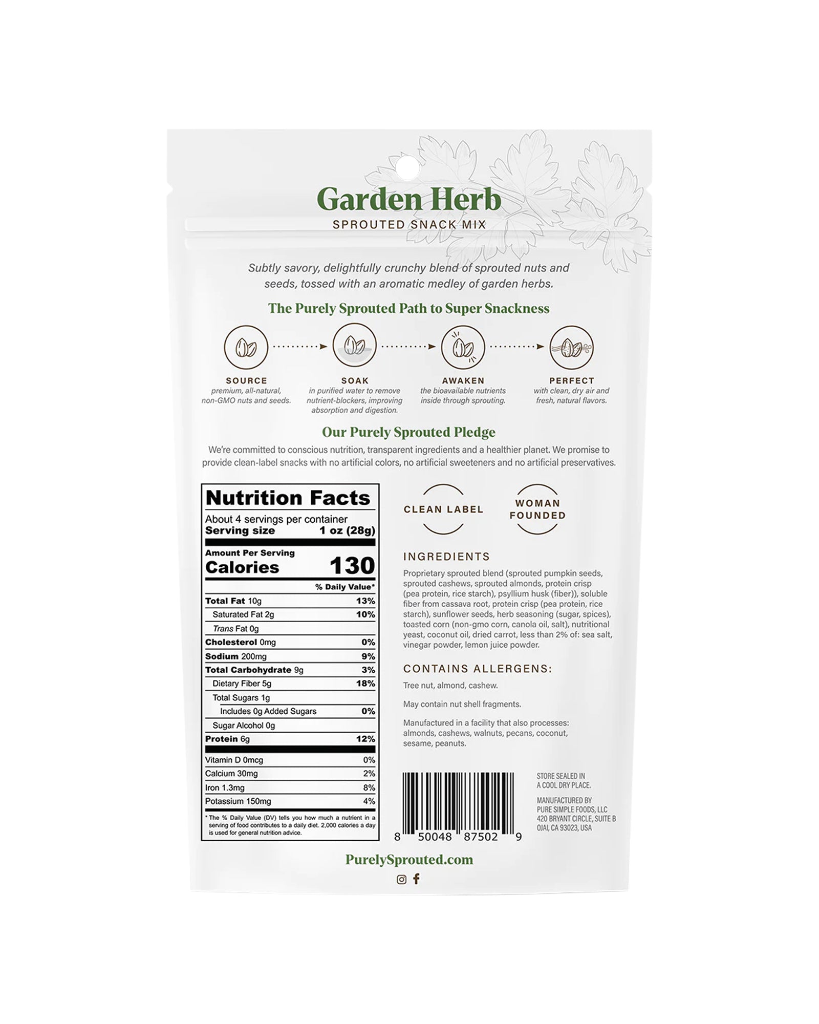 The back of Purely Sprouted Garden Herb Sprouted Nut and Seed Snack Mix