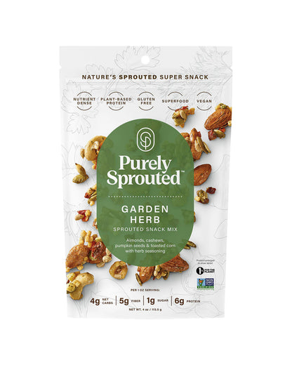 The front of Purely Sprouted Garden Herb Sprouted Nut and Seed Snack Mix