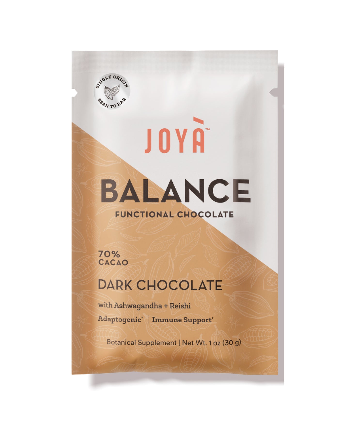 The front of JOYÀ Balance 70% Cacao Functional Dark Chocolate
