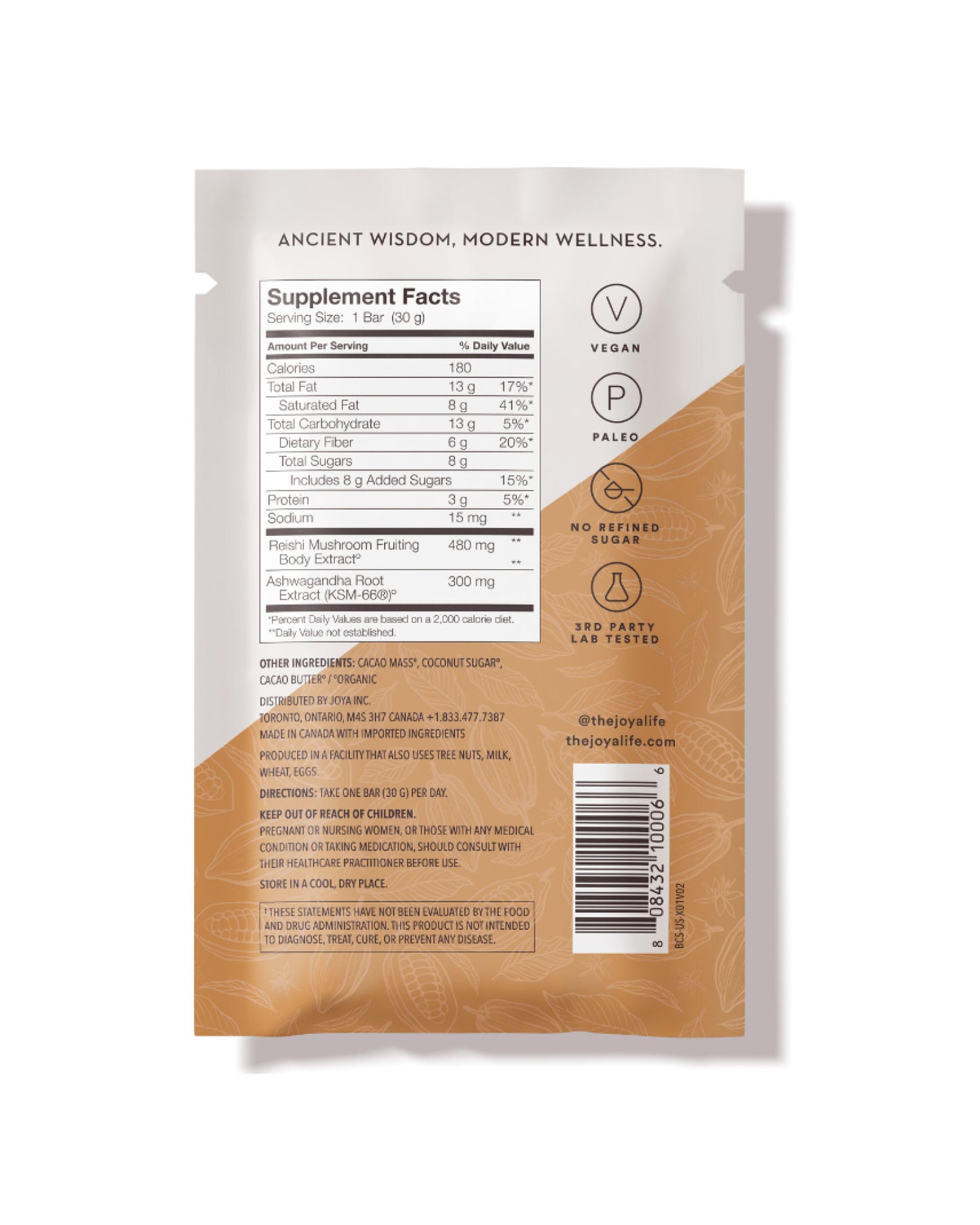 The back of JOYÀ Balance 70% Cacao Functional Dark Chocolate