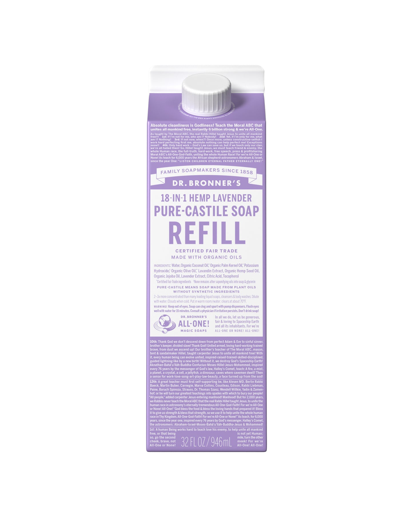 The front of Dr. Bronner's Lavender Pure-Castile Liquid Soap Refill Carton