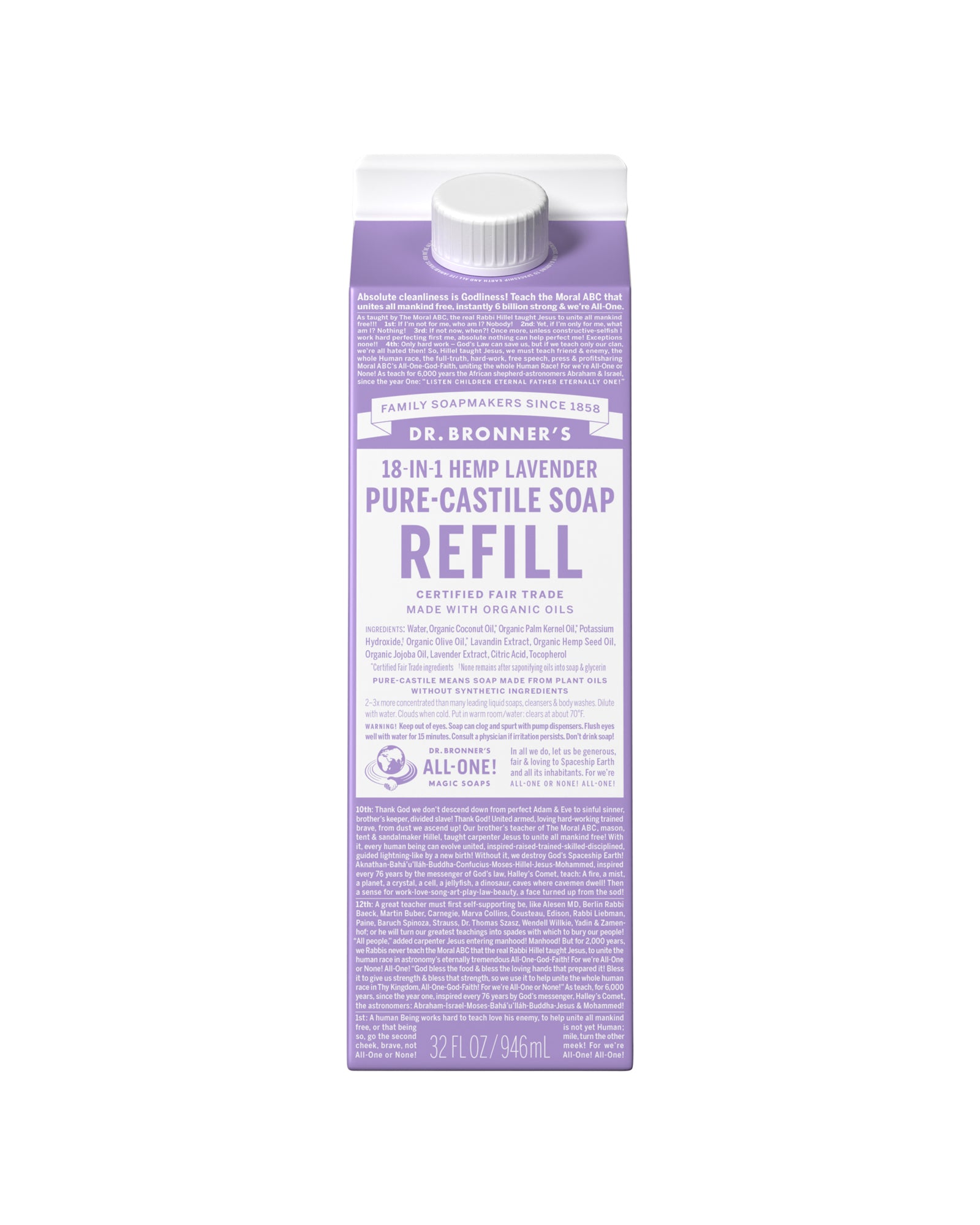 The front of Dr. Bronner's Lavender Pure-Castile Liquid Soap Refill Carton