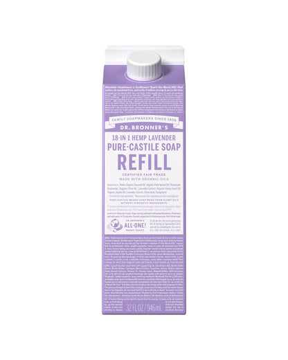 The front of Dr. Bronner's Lavender Pure-Castile Liquid Soap Refill Carton