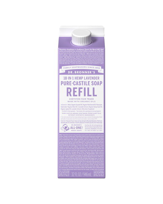 The front of Dr. Bronner's Lavender Pure-Castile Liquid Soap Refill Carton