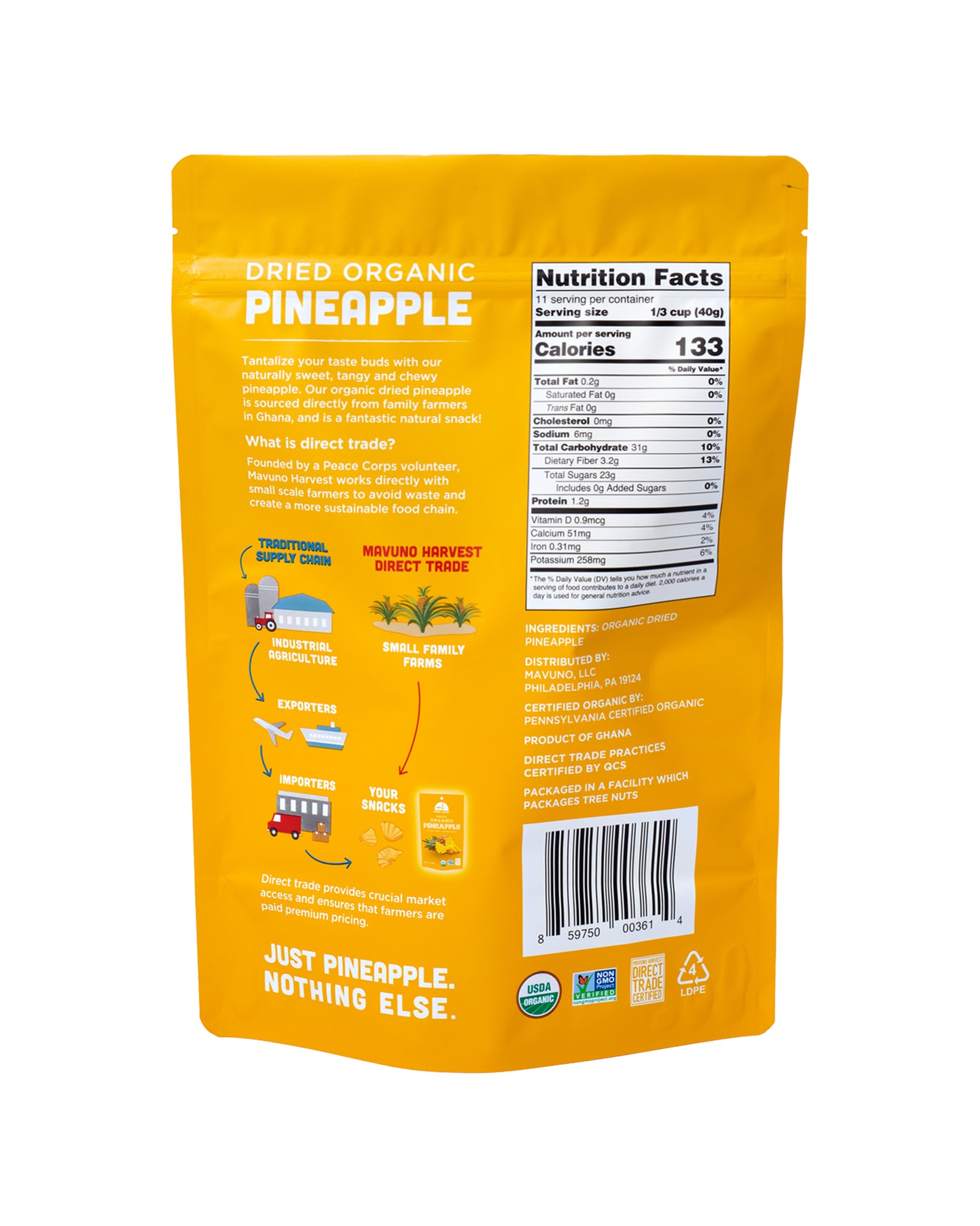 The back of Mavuno Harvest Organic Dried Pineapple