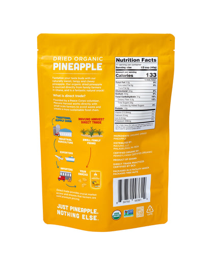 The back of Mavuno Harvest Organic Dried Pineapple