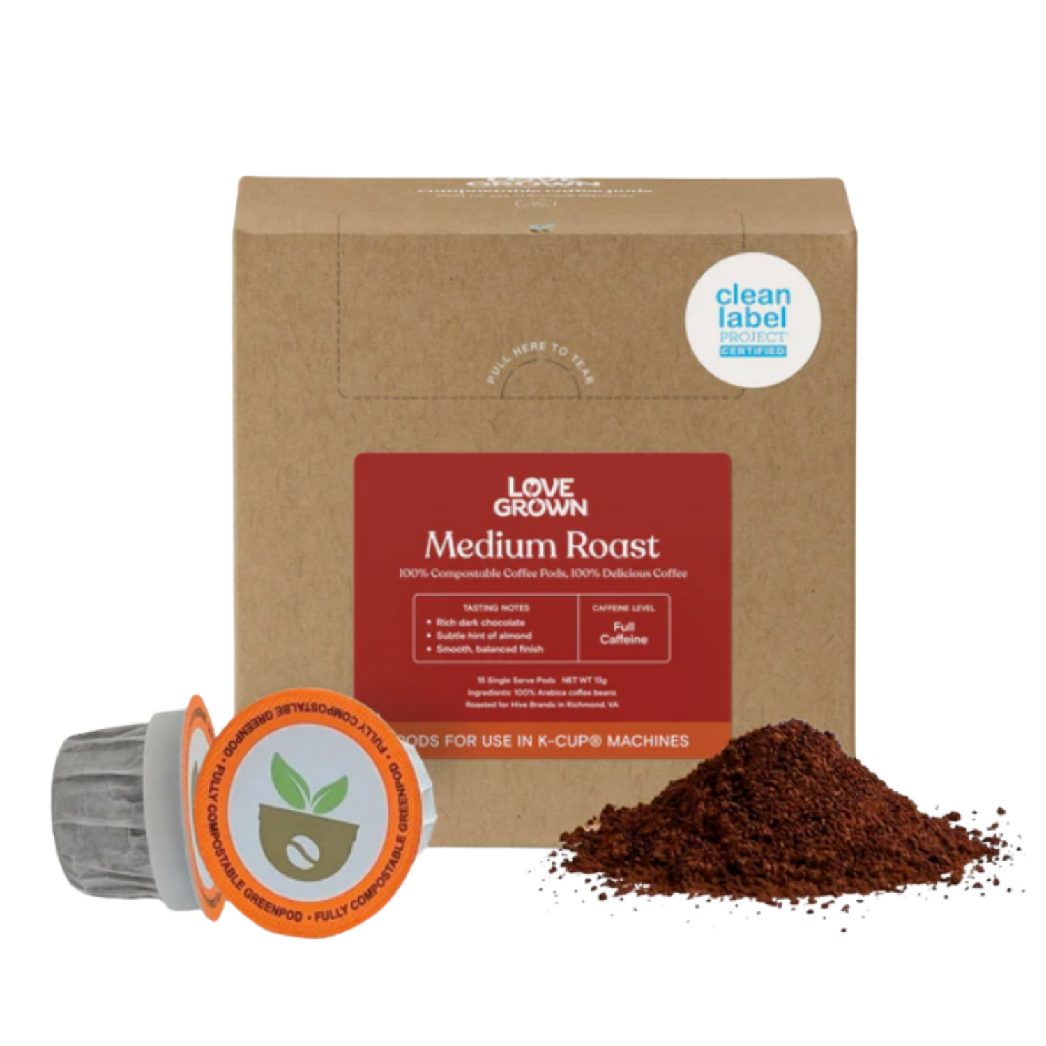 Love Grown Coffee package with medium roast coffee, compostable label, and coffee grounds on a white background.