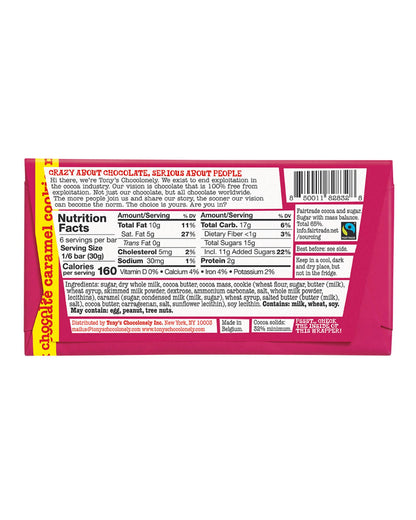 The back of Tony's Chocolonely Milk Chocolate Caramel Cookie Bar