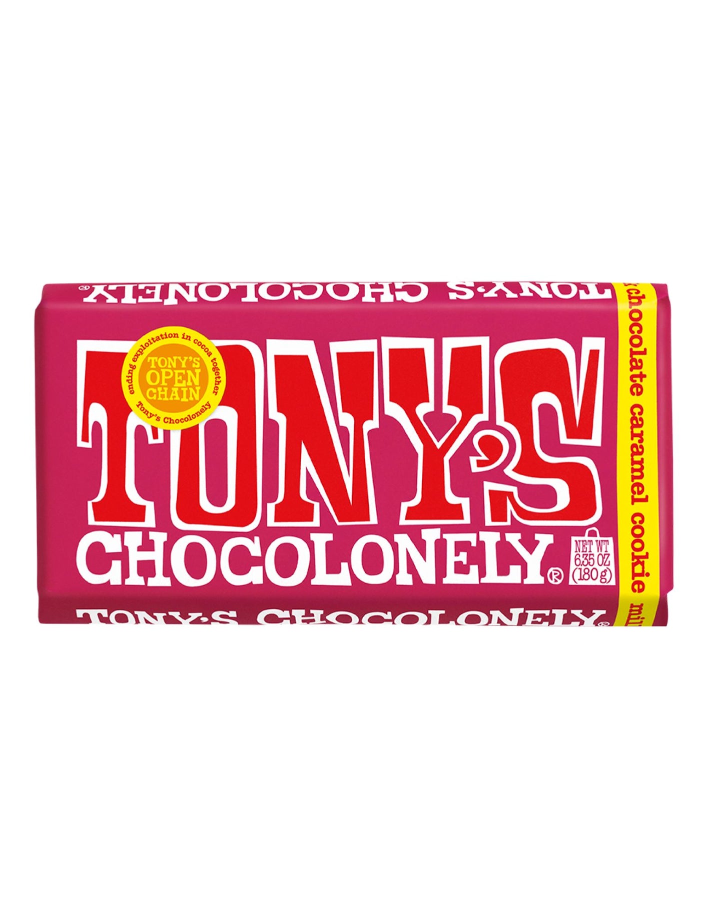 The front of Tony's Chocolonely Milk Chocolate Caramel Cookie Bar