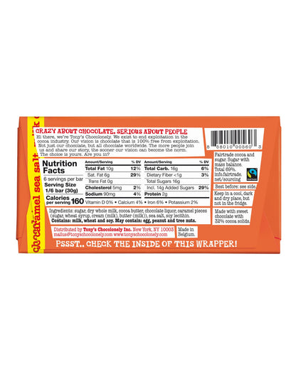 The back of Tony's Chocolonely Milk Caramel Sea Salt Chocolate