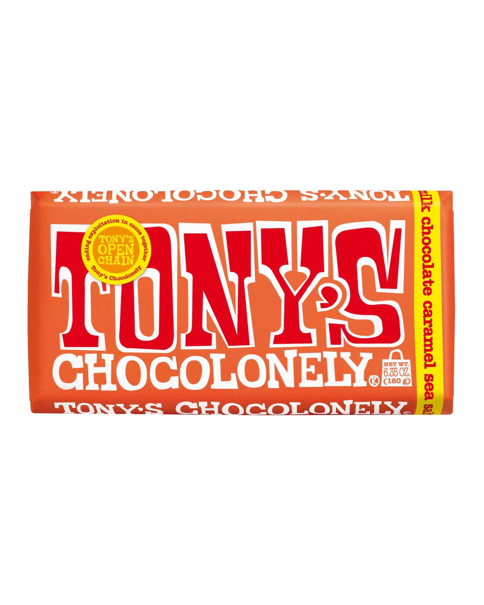 The front of Tony's Chocolonely Milk Caramel Sea Salt Chocolate