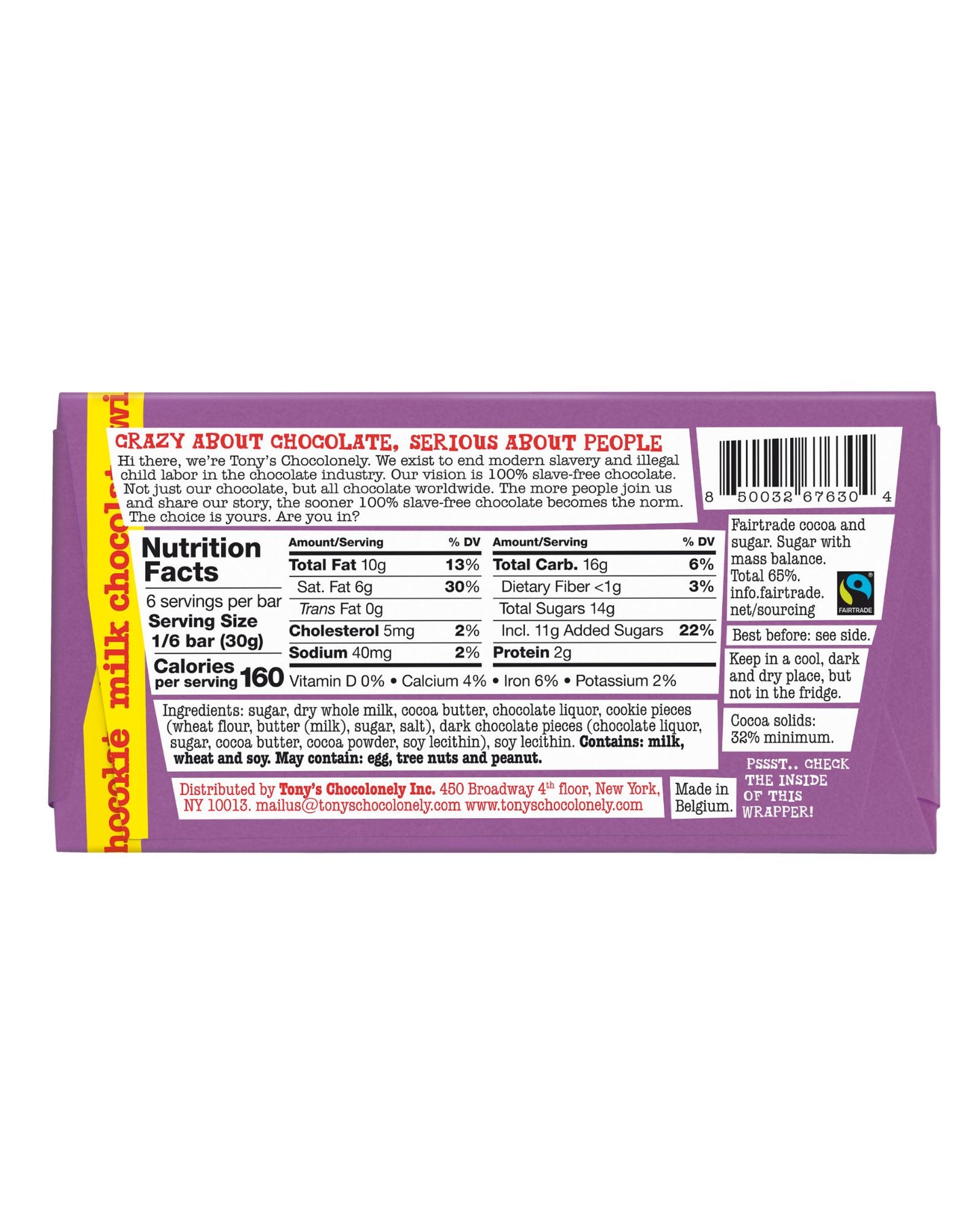 The back of Tony's Chocolonely Milk Chocolate Chip Cookie Bar