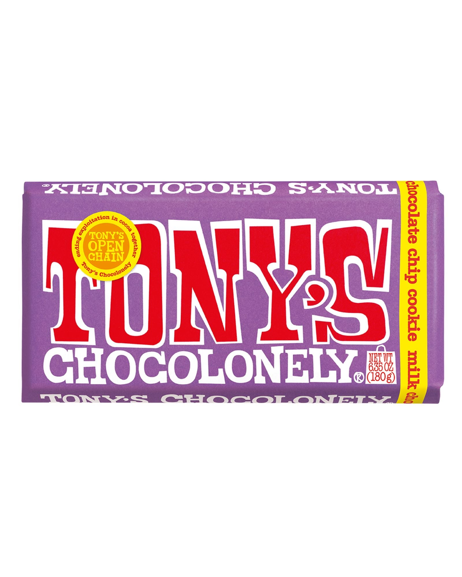 The front of Tony's Chocolonely Milk Chocolate Chip Cookie Bar