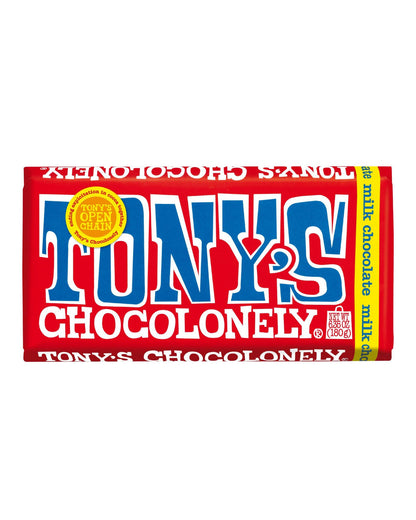 The front of Tony's Chocolonely Milk Chocolate