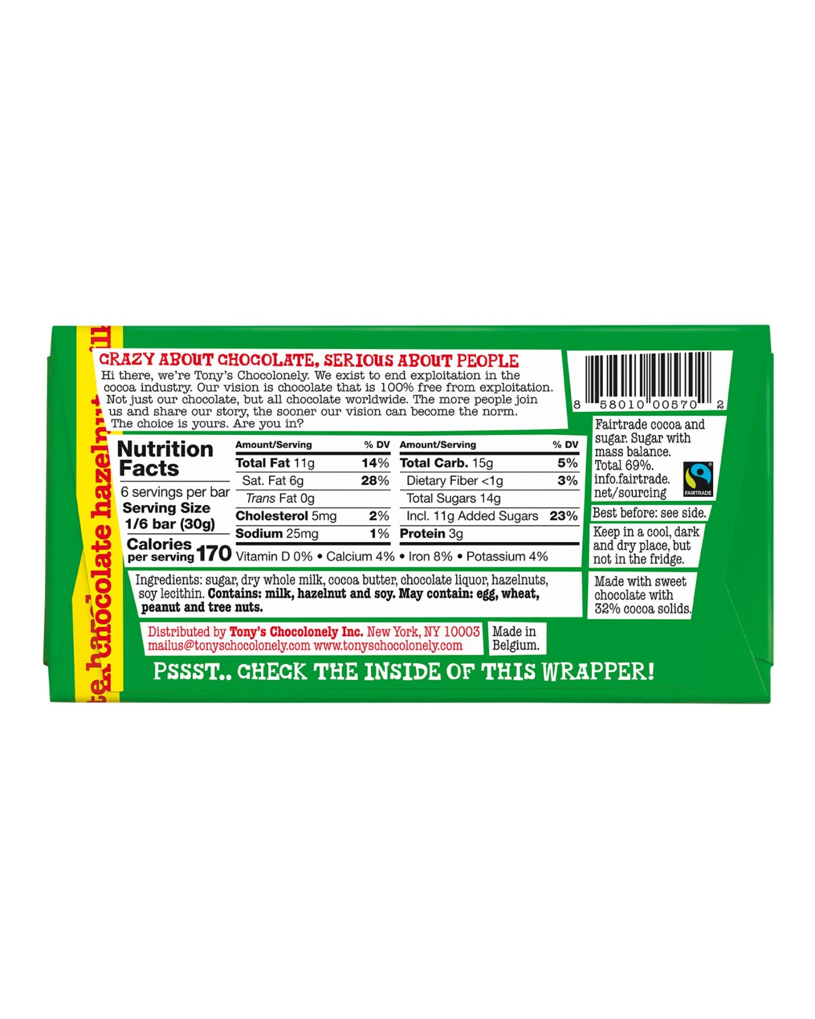 The back of Tony's Chocolonely Milk Hazelnut Chocolate