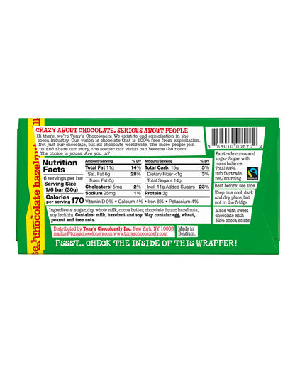 The back of Tony's Chocolonely Milk Hazelnut Chocolate