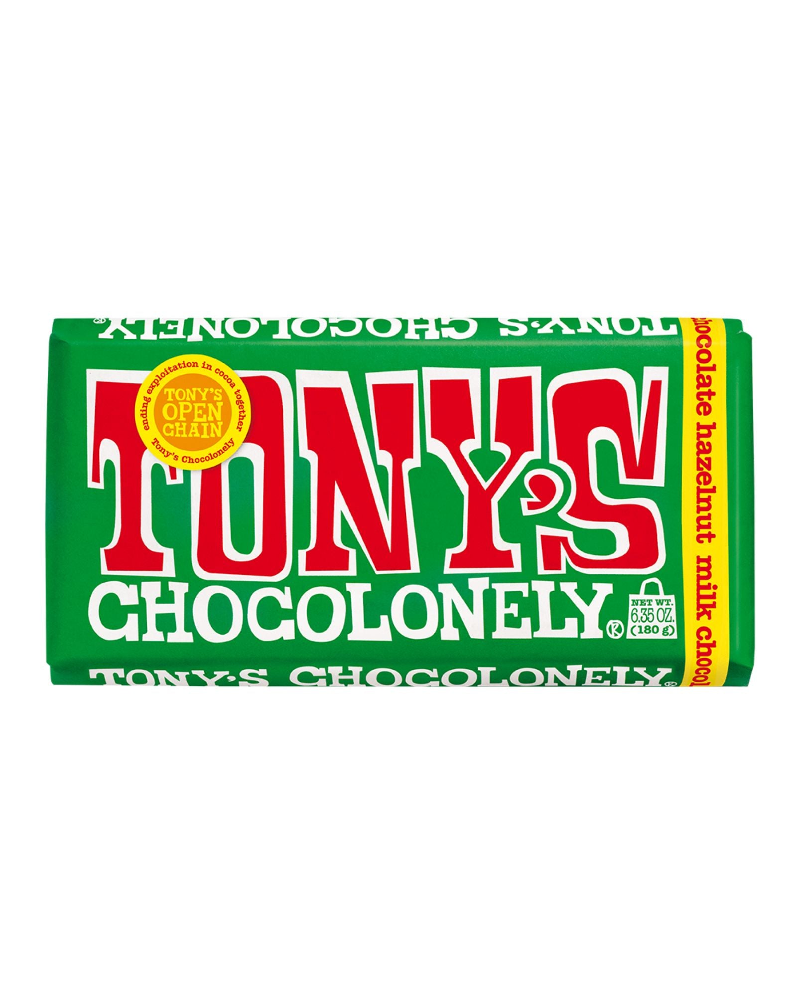 The front of Tony's Chocolonely Milk Hazelnut Chocolate