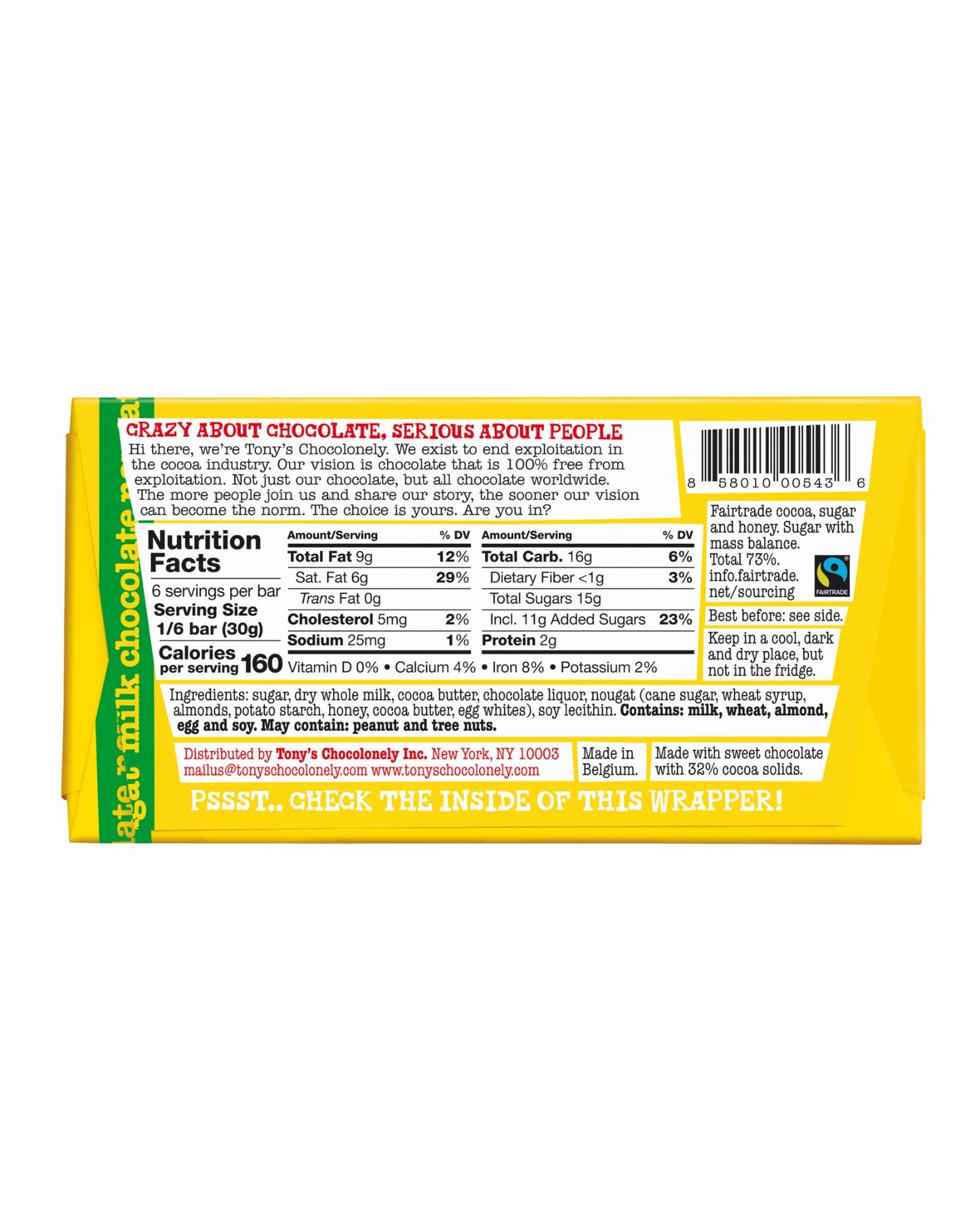 The back of Tony's Chocolonely Milk Honey Almond Nougat Chocolate