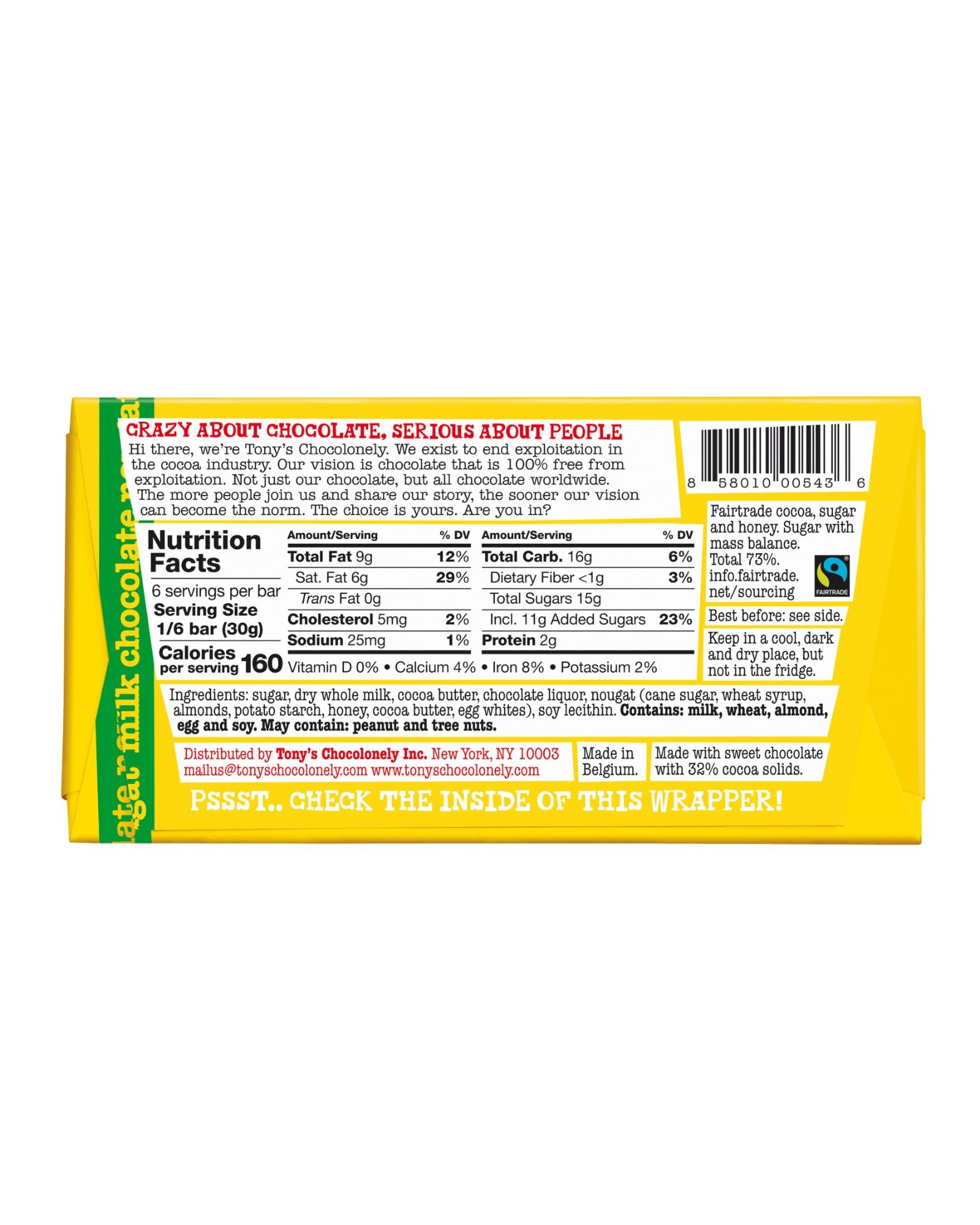 The back of Tony's Chocolonely Milk Honey Almond Nougat Chocolate