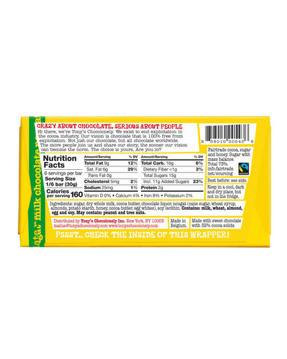 The back of Tony's Chocolonely Milk Honey Almond Nougat Chocolate