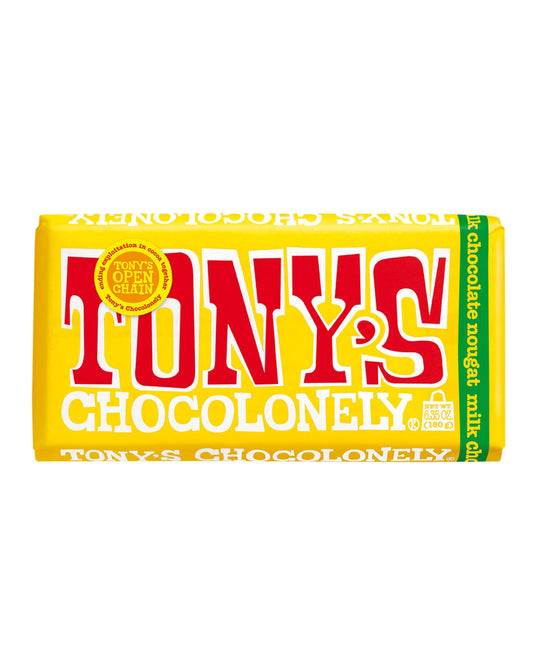 The front of Tony's Chocolonely Milk Honey Almond Nougat Chocolate