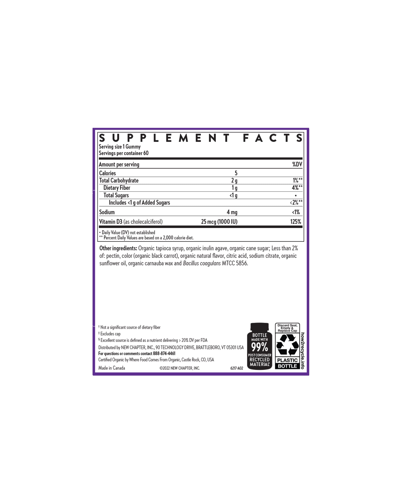 The back of New Chapter Strength Support Vitamin D3+ Gummy